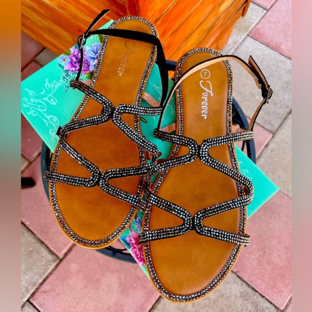 Black Sandals | Sparkly Embellished Strappy Summer Sandals | 9